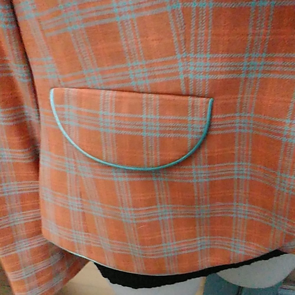 Preppy Penguin Salmon Turquoise Plaid Blazer - Picture 4 of 7